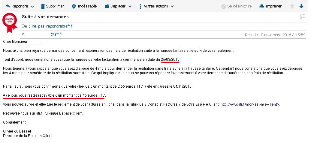modele lettre resiliation abonnement sfr