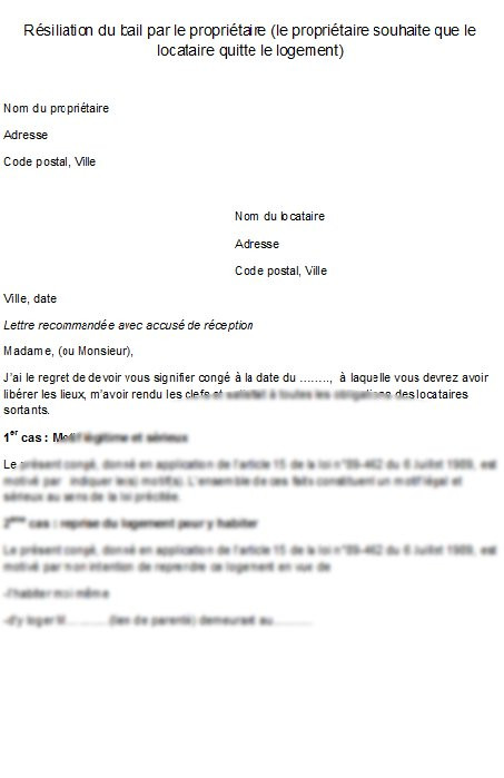 modele lettre resiliation bail 1 mois preavis