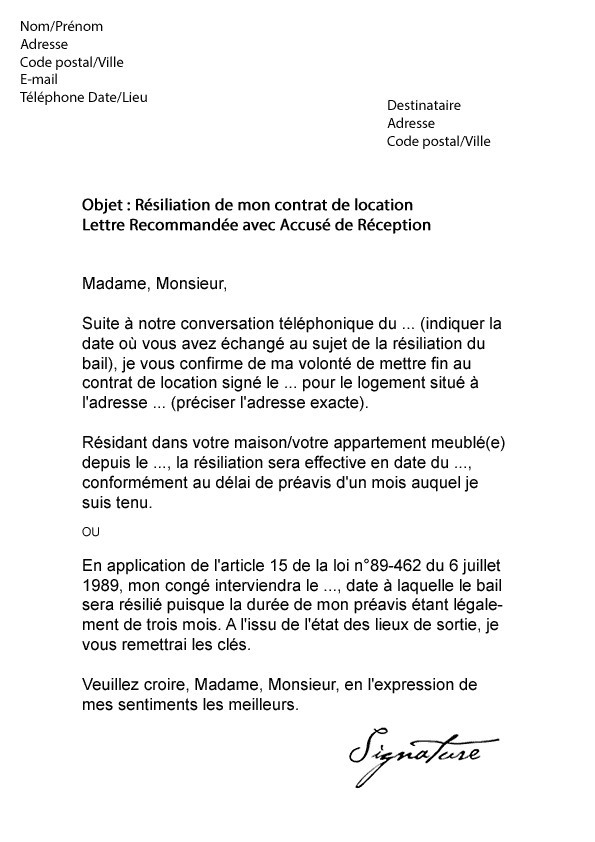 modele lettre resiliation de bail de location