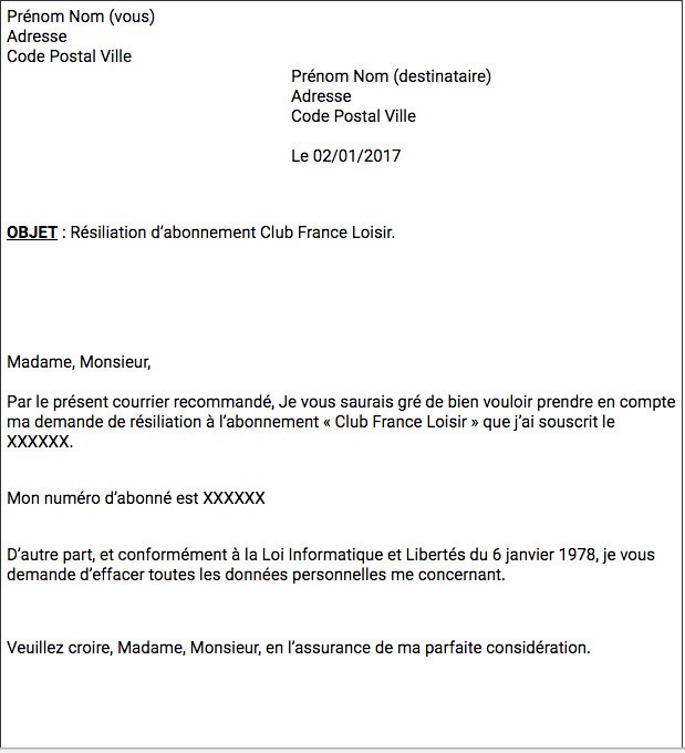 modele lettre resiliation sport