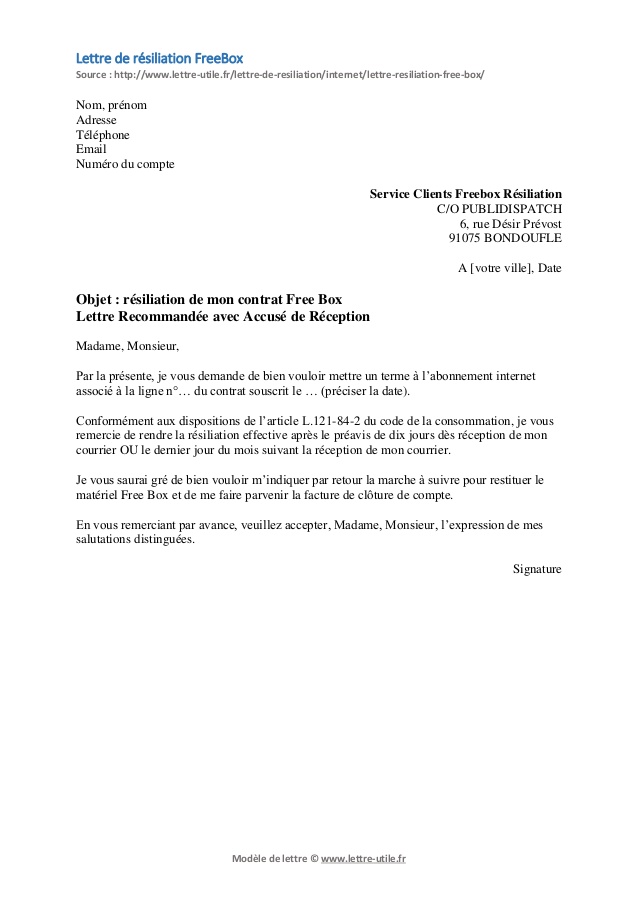 modele lettre resiliation telephone free