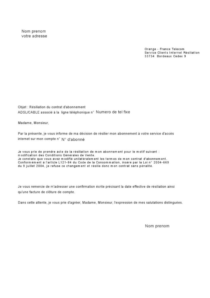 modele lettre resiliation telephone free
