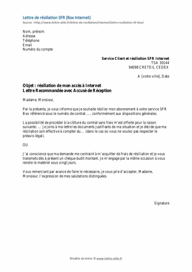 modele lettre resilier un abonnement internet