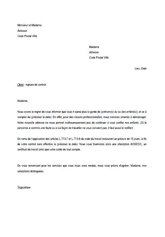 modele lettre rupture contrat assistance maternelle