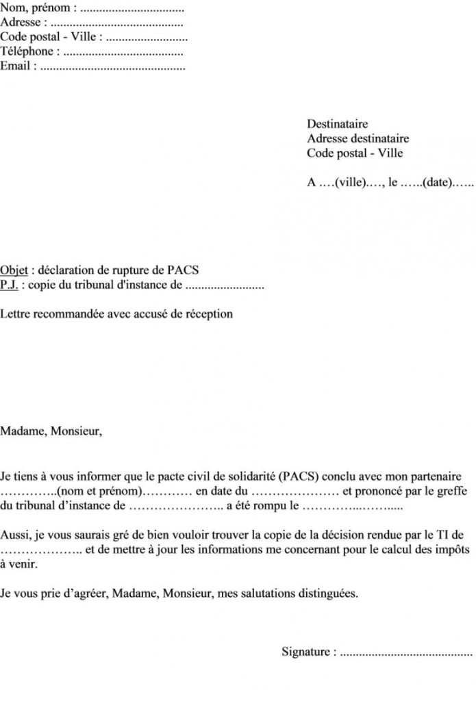 modele lettre rupture pacs