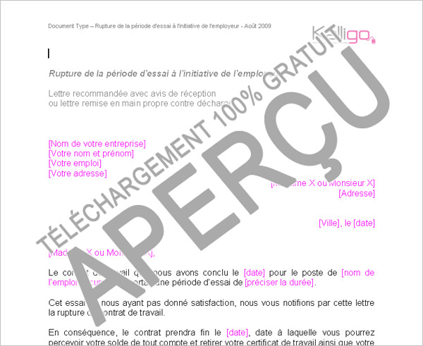 modele lettre rupture periode d'essai