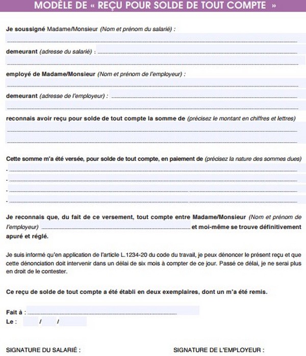 modele solde de tout compte cdd