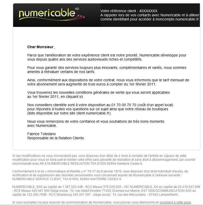 numericable resiliation lettre type