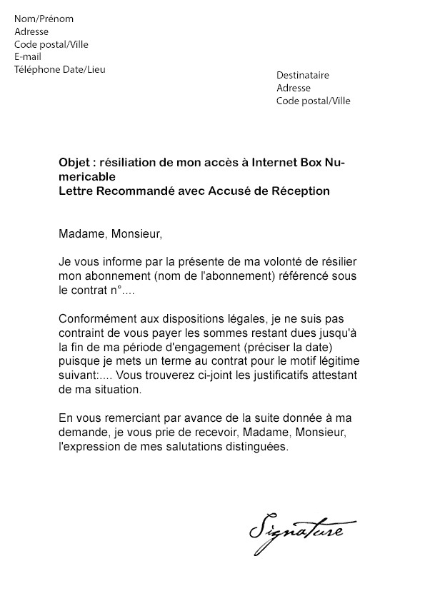 numericable resiliation lettre type