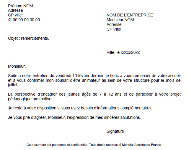 remerciement contrat de travail