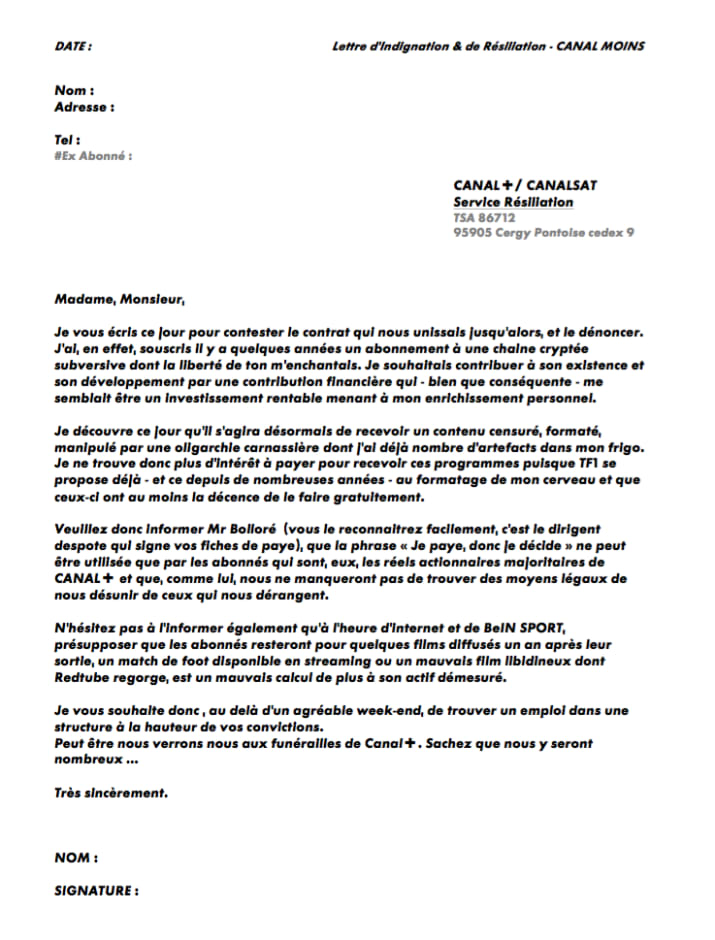 resiliation abonnement canal plus lettre