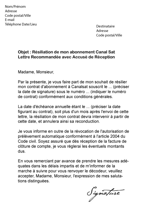 resiliation abonnement canal plus lettre