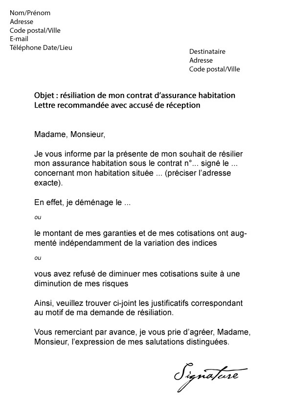 resiliation assurance lettre type
