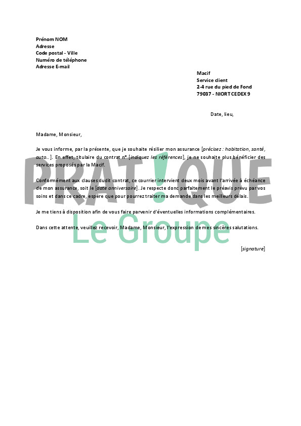 resiliation contrat assurance modele