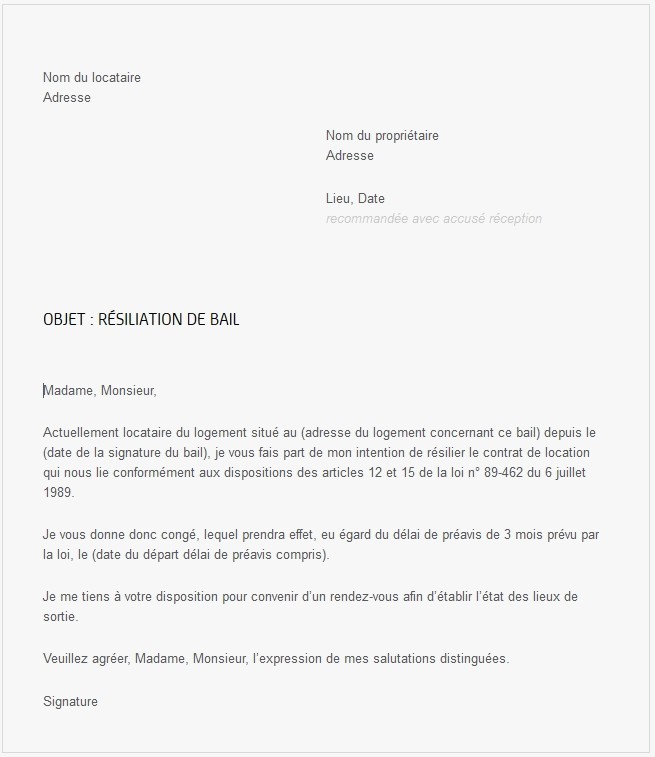resiliation de bail par le locataire lettre