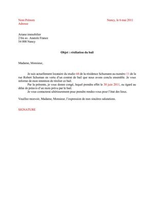 resiliation du bail lettre