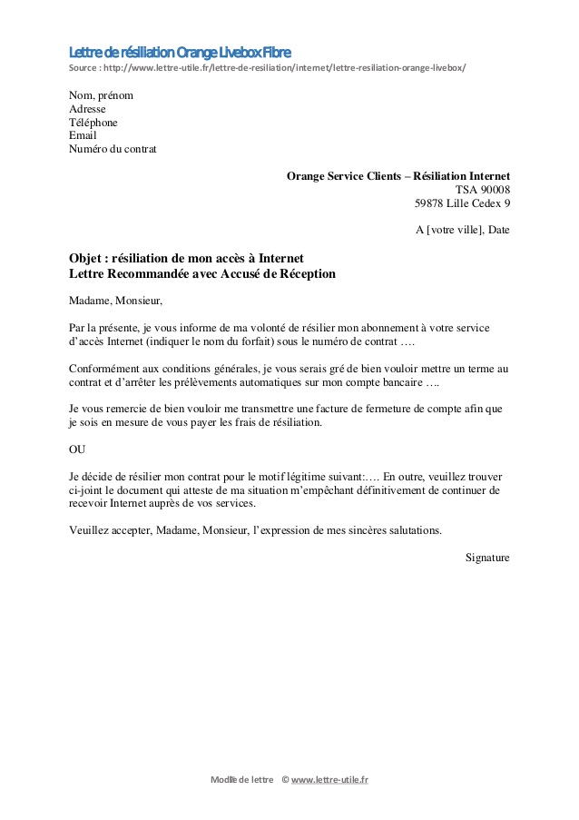 resiliation internet orange lettre type
