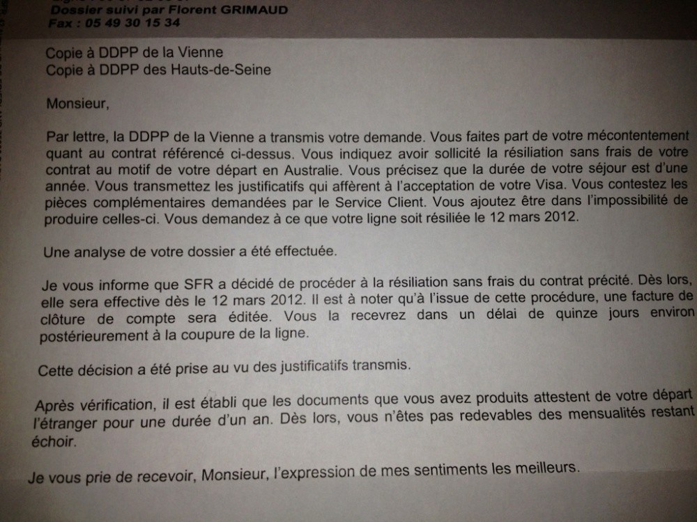 resiliation sfr cause depart etranger