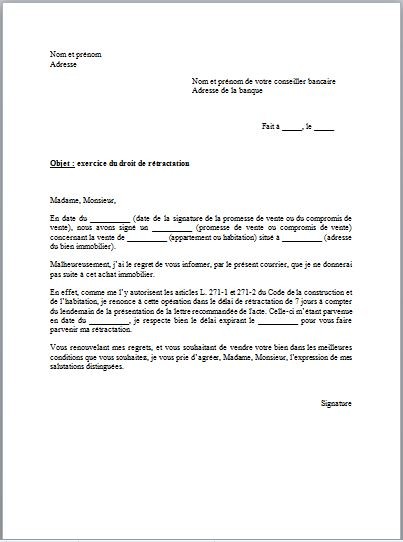 retractation achat immobilier lettre type