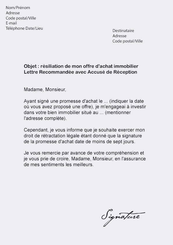 retractation achat immobilier lettre type