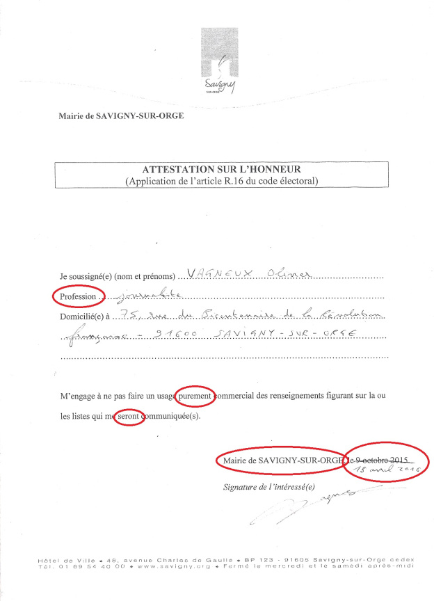 sur l'honneur attestation