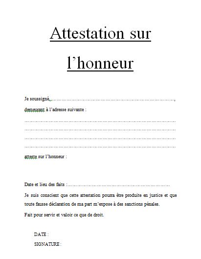 sur l'honneur attestation