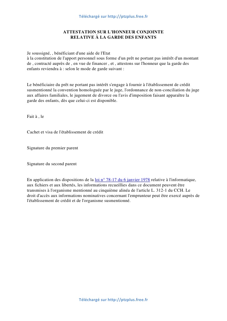 type d'attestation sur l'honneur