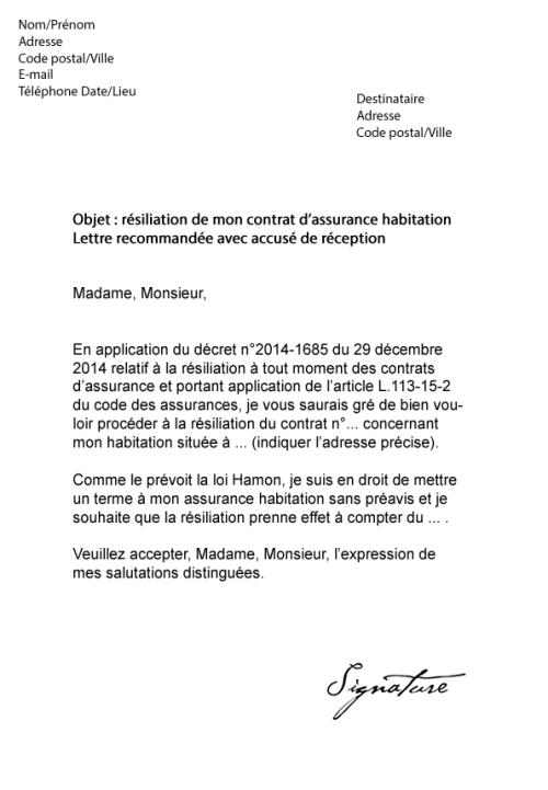 type de lettre de resiliation d'assurance