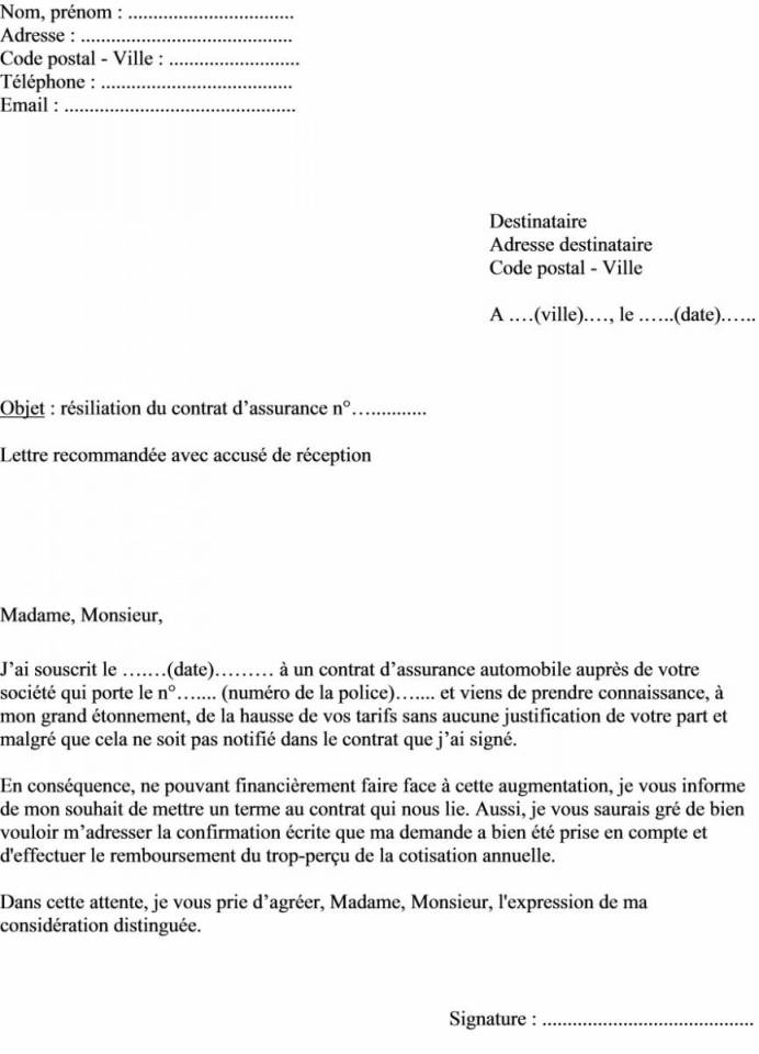 type de lettre de resiliation d'assurance