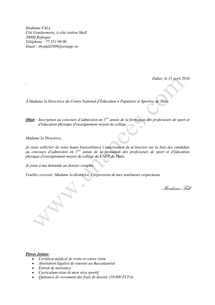 un exemple d'une demande manuscrite