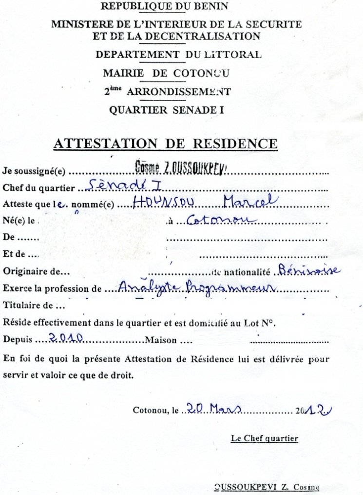 une attestation de domicile