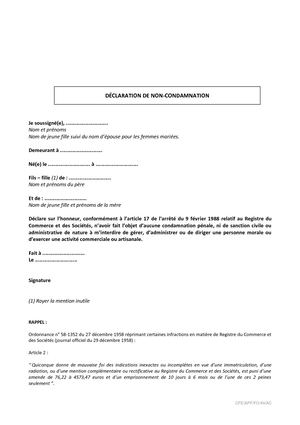 une declaration sur l'honneur de non condamnation