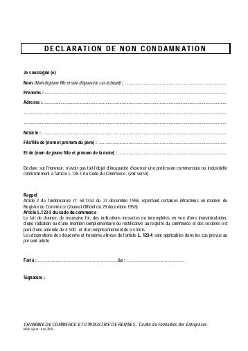 une declaration sur l'honneur de non condamnation