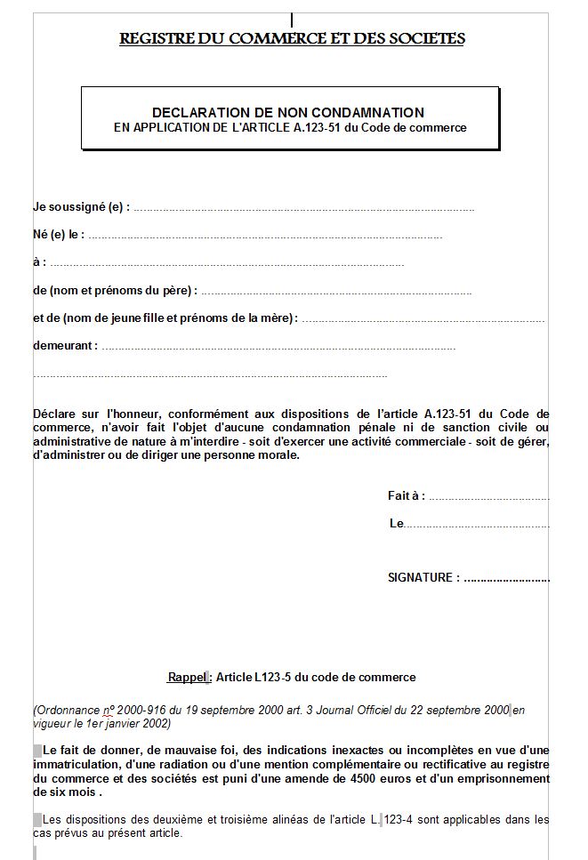une declaration sur l'honneur de non condamnation