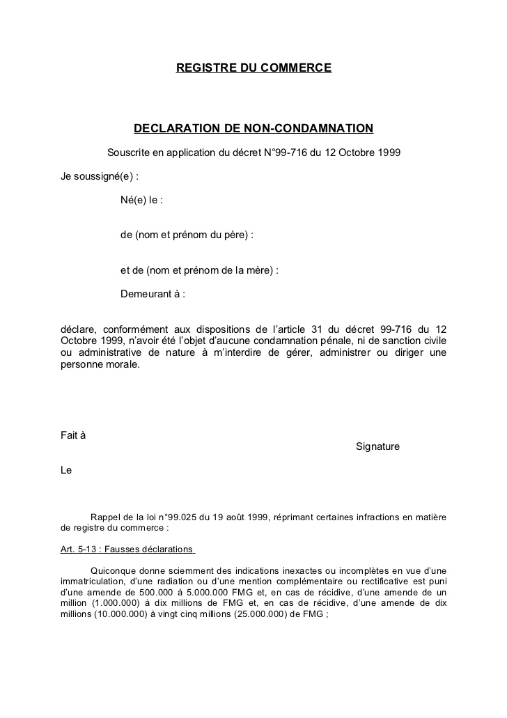une declaration sur l'honneur de non condamnation