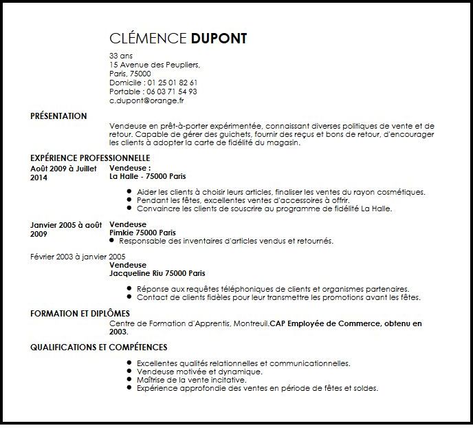 vendeuse cv exemple