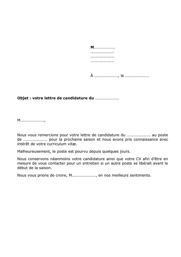 Courrier refus candidature - Modele de lettre type