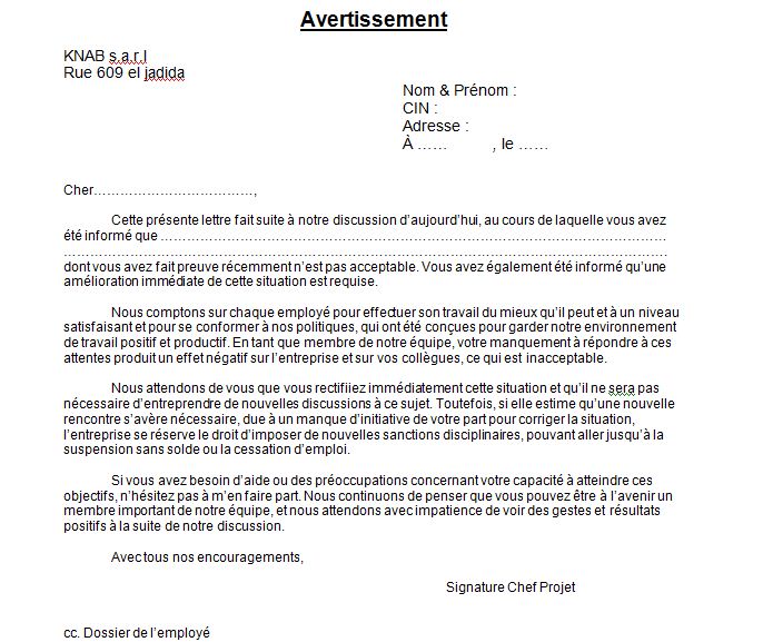 Exemplaire de lettre d'avertissement - Modele de lettre type
